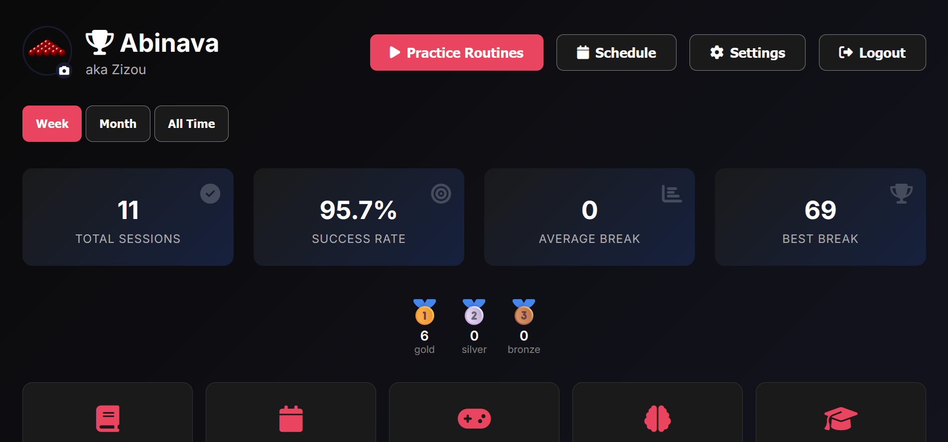 Billiards Tracker dashboard