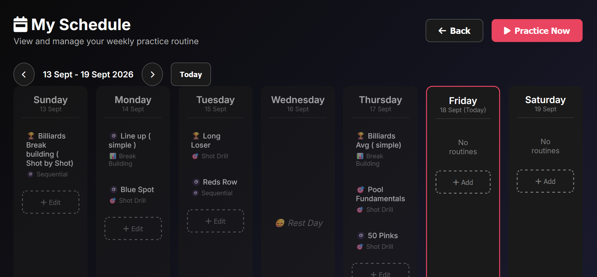 Weekly practice schedule